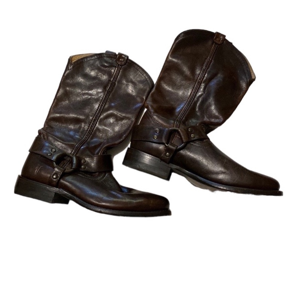- Frye leather harness dark brown women mid calf boots in size 6B